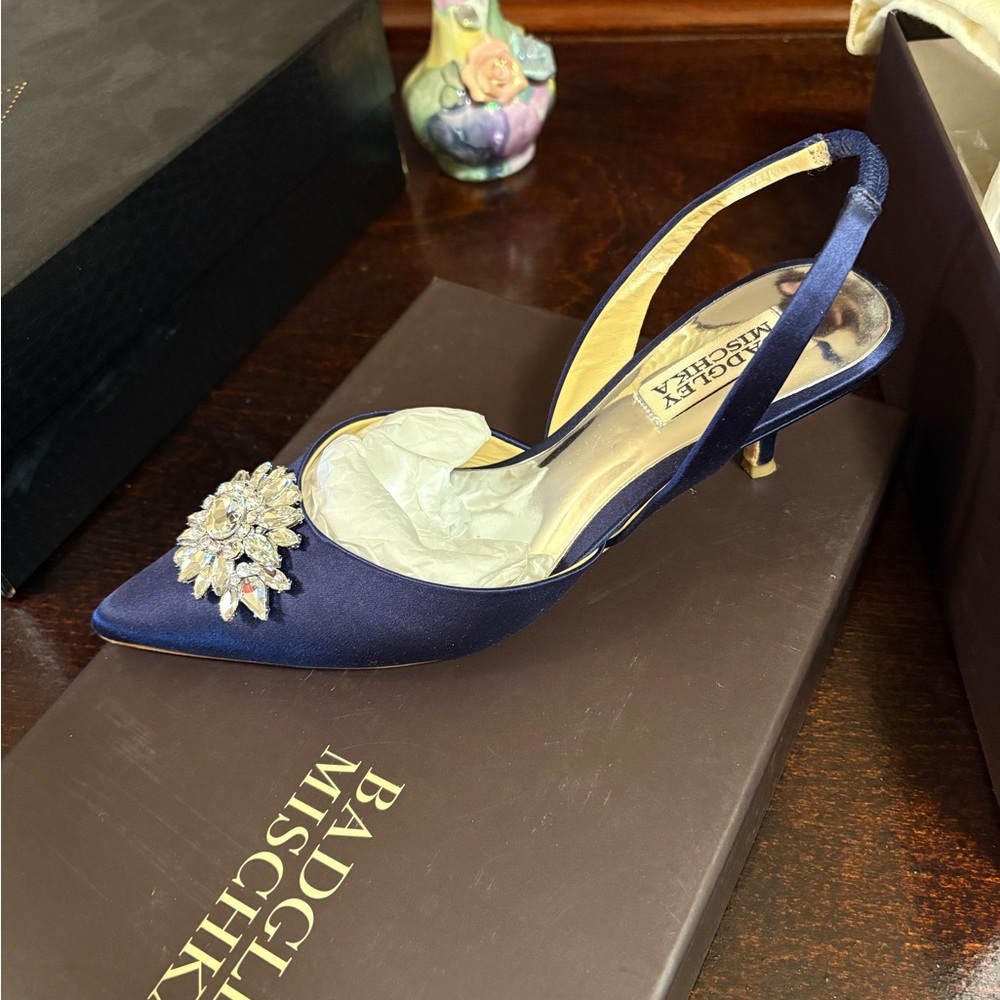 Badgley Mischka Navy Embellished Slingback Heels